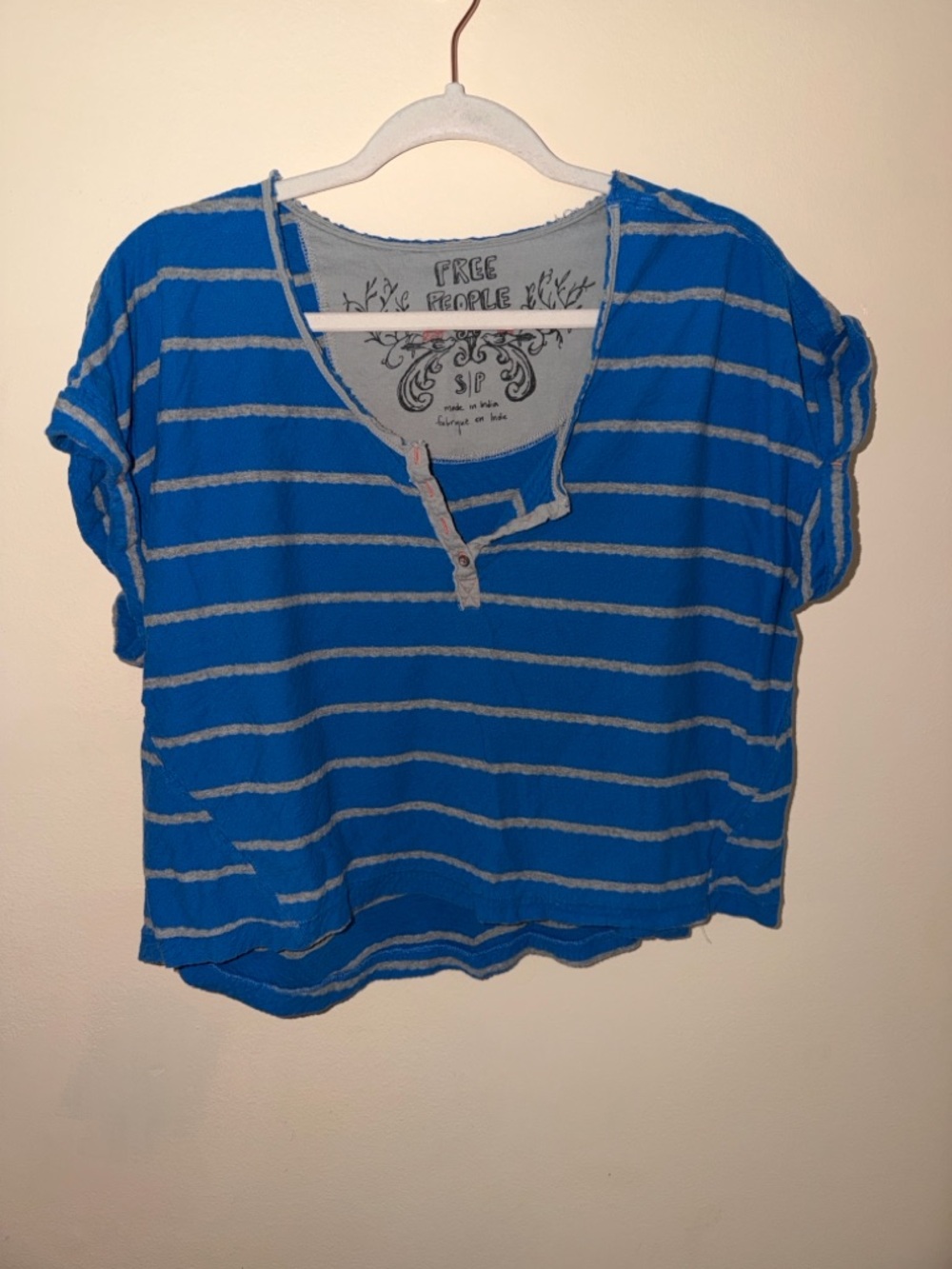 FP Quarter Button Cap sleeve Scoop Neck Blue Grey Striped Oversized Crop Sz Sm